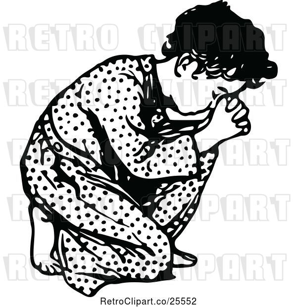 Vector Clip Art of Retro Boy Kneeling and Praying