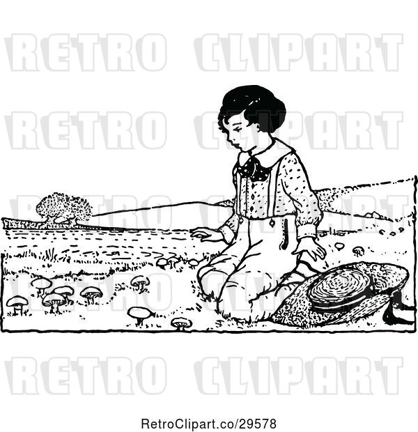 Vector Clip Art of Retro Boy Kneeling by Mushrooms