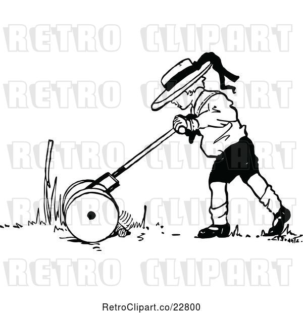 Vector Clip Art of Retro Boy Mowing a Lawn