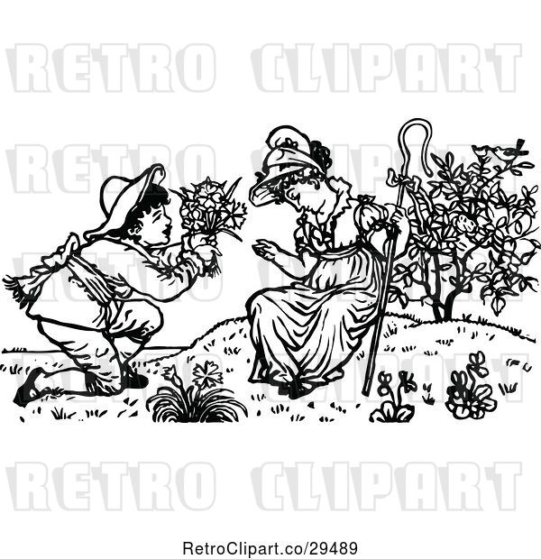 Vector Clip Art of Retro Boy Offering Flowers to a Girl