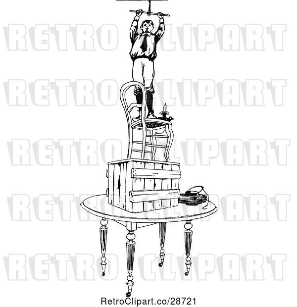 Vector Clip Art of Retro Boy on a Pile of Furniture Fixing a Light Fixture