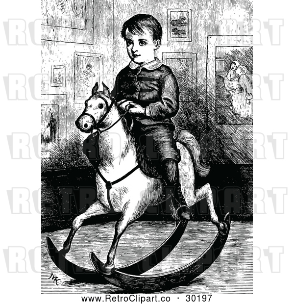 Vector Clip Art of Retro Boy on a Rocking Horse