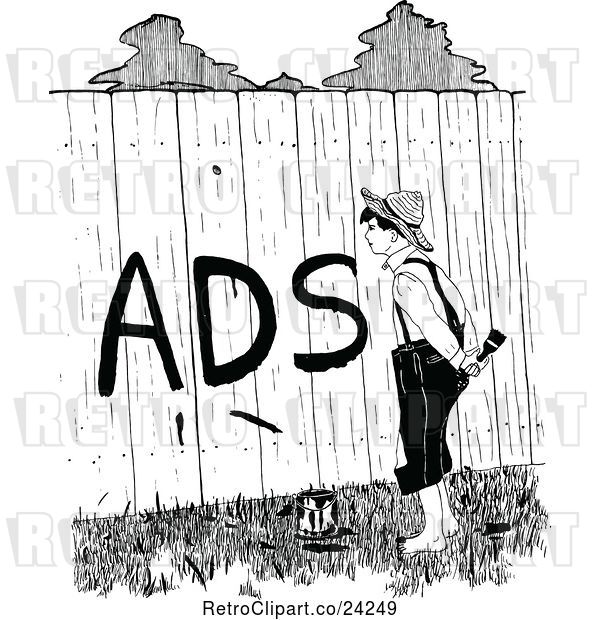 Vector Clip Art of Retro Boy Painting Ads on a Fence