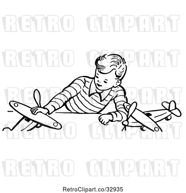 Vector Clip Art of Retro Boy Playing with Airplanes in