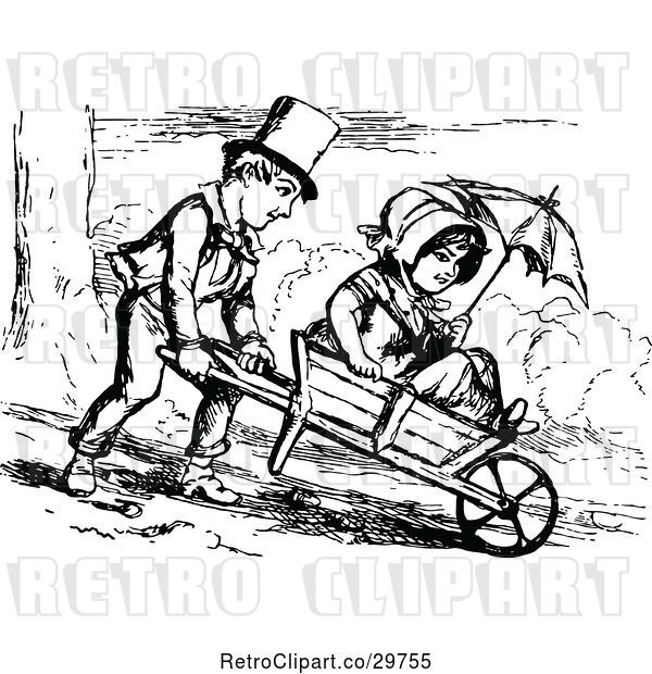 Vector Clip Art of Retro Boy Pushing a Girl in a Wheelbarrow