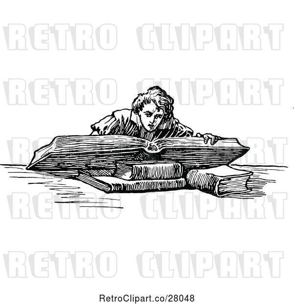 Vector Clip Art of Retro Boy Reading a Giant Book