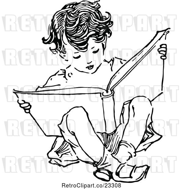 Vector Clip Art of Retro Boy Reading and Sitting