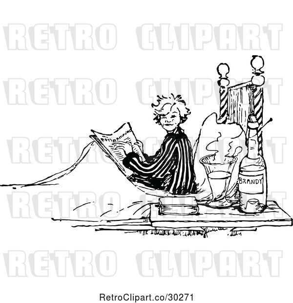 Vector Clip Art of Retro Boy Reading with Alcohol in Bed