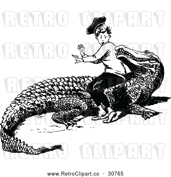 Vector Clip Art of Retro Boy Sitting on a Crocodile