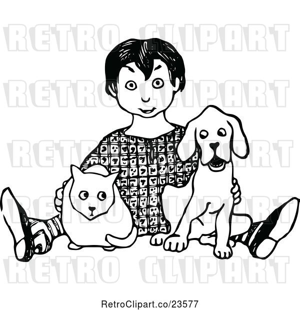 Vector Clip Art of Retro Boy Sitting with a Cat and Dog