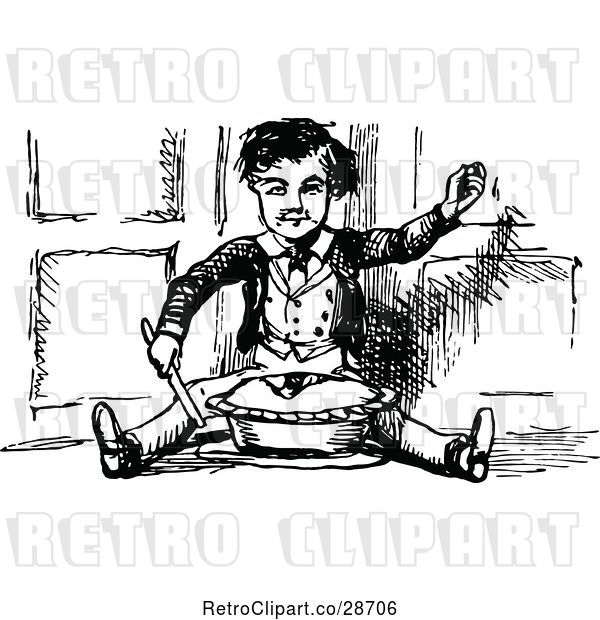 Vector Clip Art of Retro Boy Sitting with a Pie