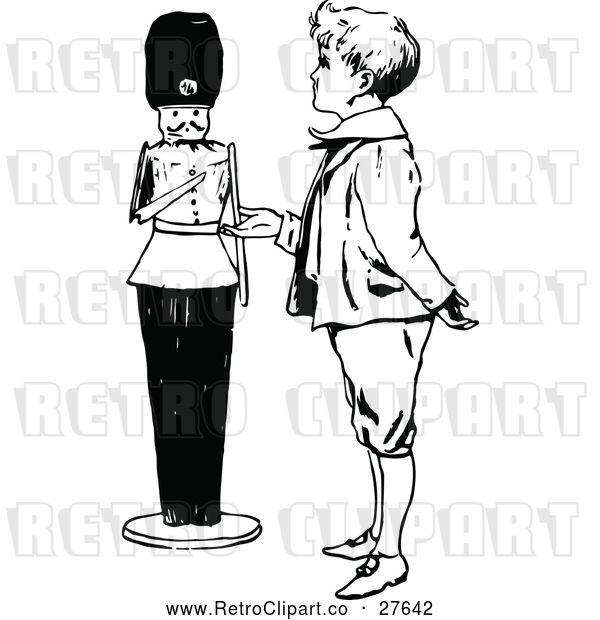 Vector Clip Art of Retro Boy Talking to a Toy Soldier