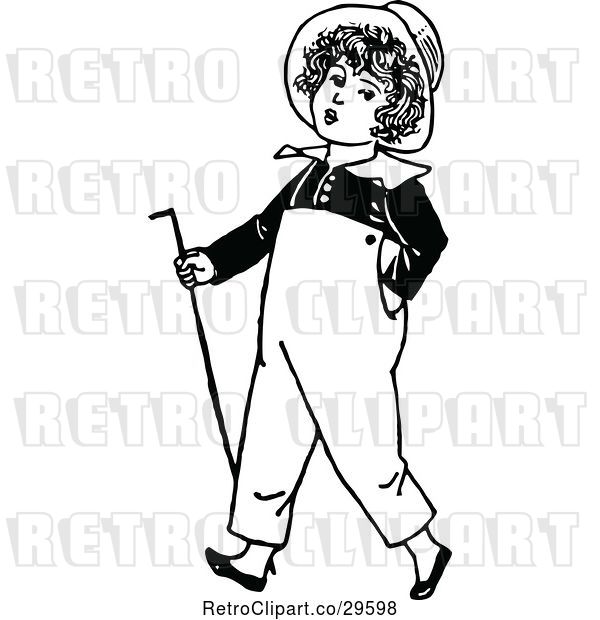Vector Clip Art of Retro Boy Walking with a Cane