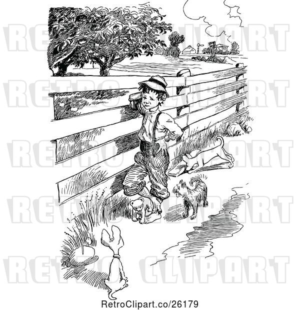 Vector Clip Art of Retro Boy with Dogs at a Country Fence