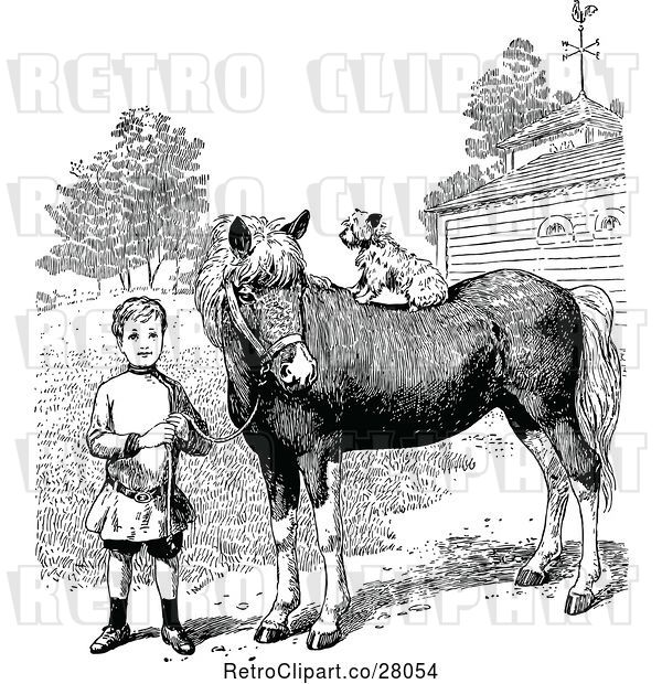 Vector Clip Art of Retro Boy with His Dog on a Horse