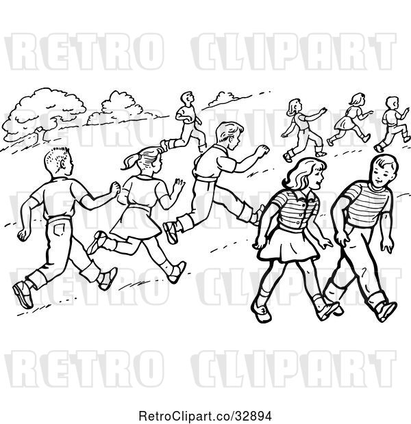 Vector Clip Art of Retro Boys and Girls Running and Walking in a Park in