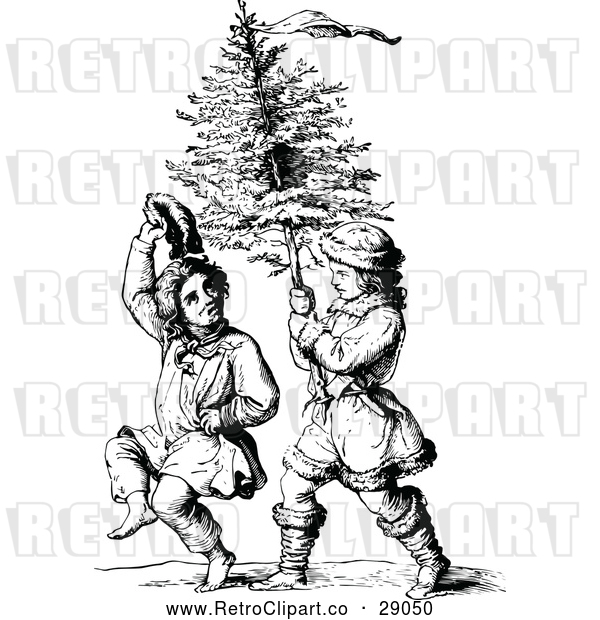 Vector Clip Art of Retro Boys Carrying a Christmas Tree