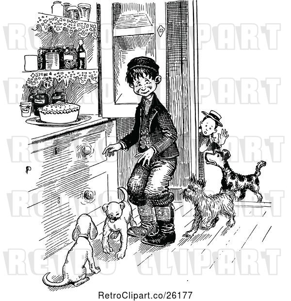 Vector Clip Art of Retro Boys with Dogs by a Pie on a Cabinet