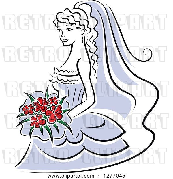 Vector Clip Art of Retro Bride in a Periwinkle Dress, with Red Flowers