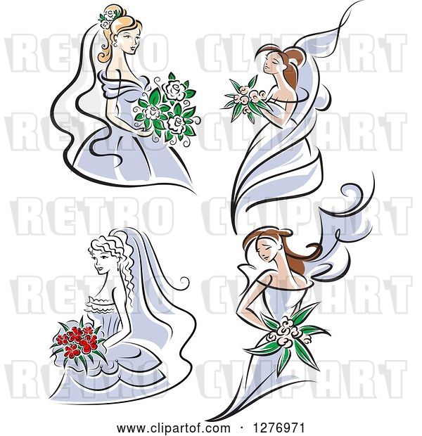 Vector Clip Art of Retro Brides in Periwinkle Dresses