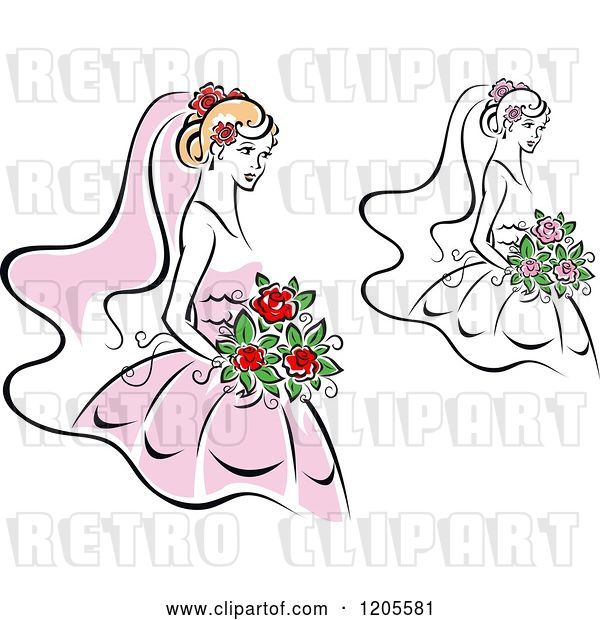 Vector Clip Art of Retro Brides with Flowers and Wedding Gowns