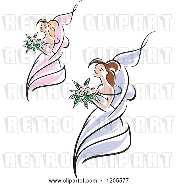 Vector Clip Art of Retro Brides with Flowers and Wedding Gowns