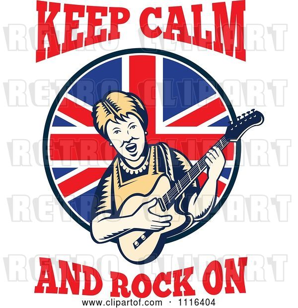 Vector Clip Art of Retro British Granny Guitarist with Keep Calm and Rock on Text