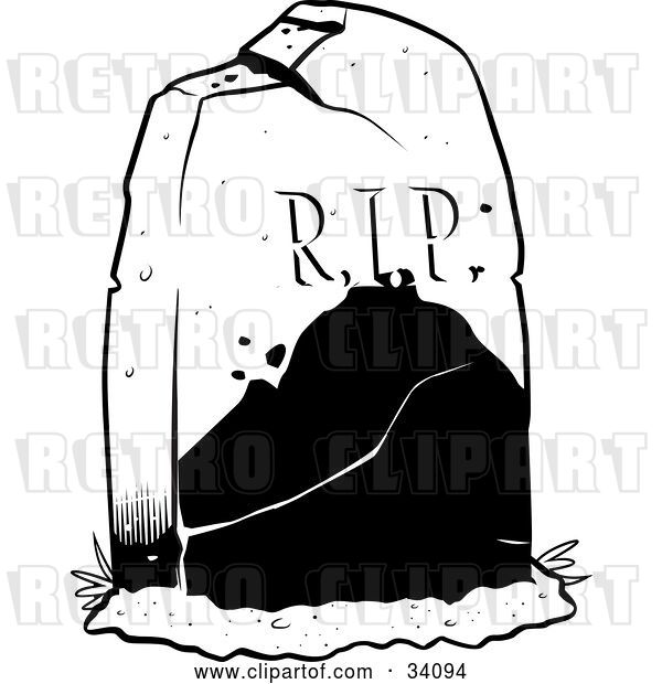 Vector Clip Art of Retro Broken and Cracked Tombstone in a Cemetery