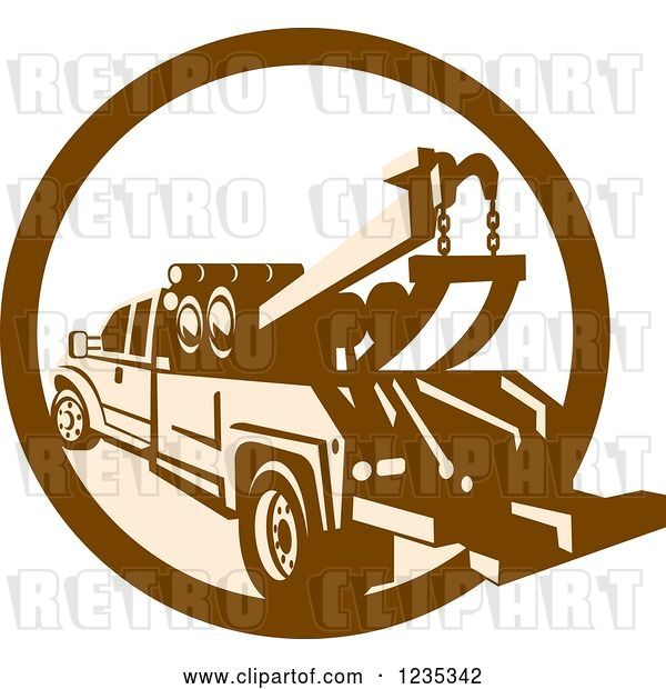 Vector Clip Art of Retro Brown and Tan Tow Truck in a Circle