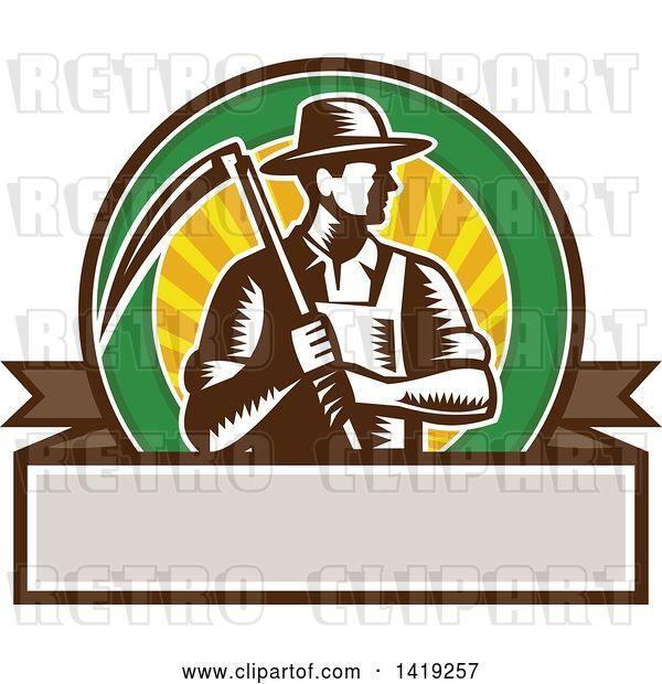Vector Clip Art of Retro Brown and White Woodcut Male Farmer Holding a Scythe in a Sunset Circle over a Blank Banner