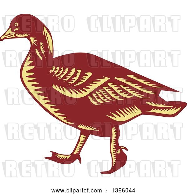 Vector Clip Art of Retro Brown and Yellow Woodcut Walking Goose