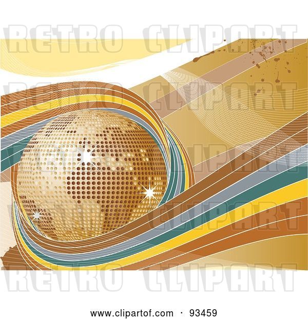 Vector Clip Art of Retro Brown, Blue and Yellow Waves Circling a Golden Disco Globe