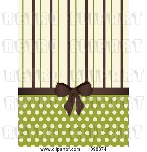 Vector Clip Art of Retro Brown Bow with Brown Green and Beige Stripes and Polka Dots on Green