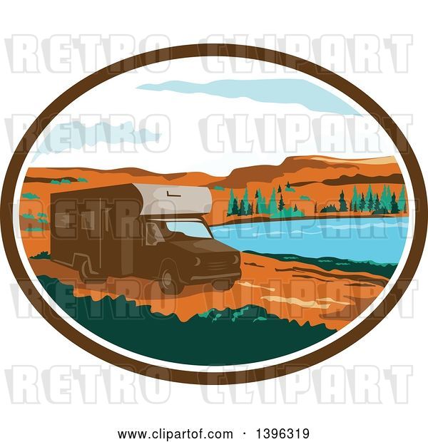 Vector Clip Art of Retro Brown Camper Van RV in a Desert Landscape Within an Oval