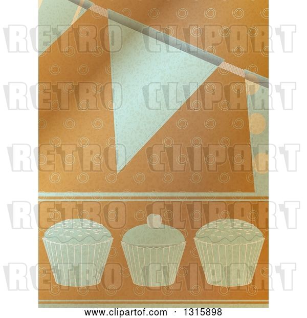 Vector Clip Art of Retro Brown Paper Textured Cupcake and Party Bunting Banner Background