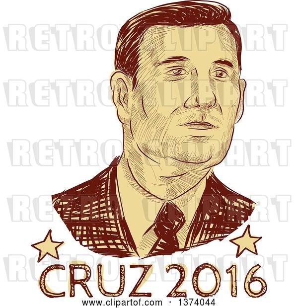 Vector Clip Art of Retro Brown Sketched Portrait of Ted Cruz over Text