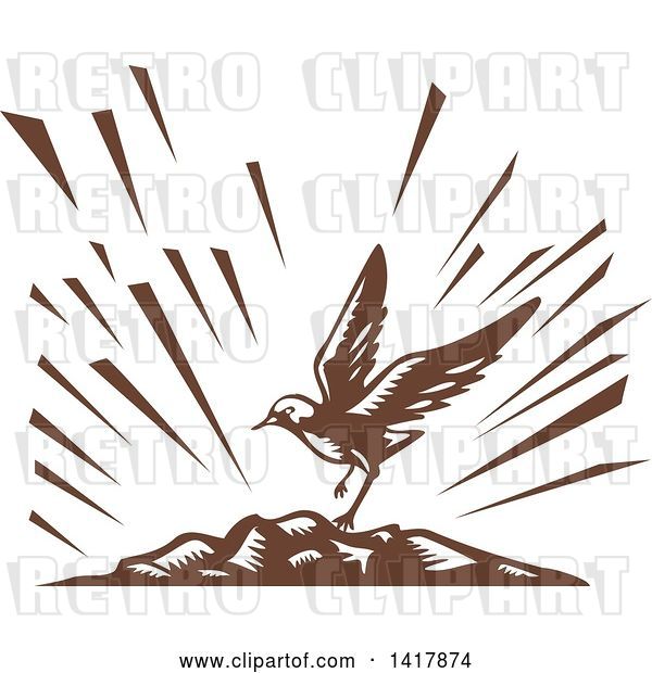 Vector Clip Art of Retro Brown Woodcut Plover Bird Landing on an Island