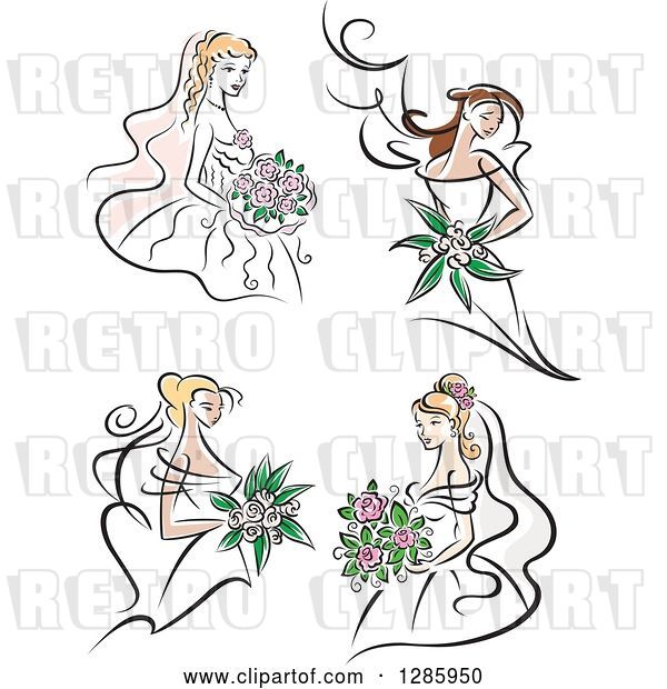 Vector Clip Art of Retro Brunette and Blond White Brides with Bouquets of Pink Flowers