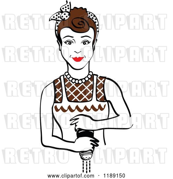 Vector Clip Art of Retro Brunette Housewife or Maid Lady Grinding Fresh Pepper