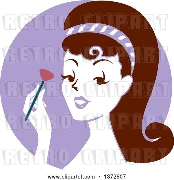 Vector Clip Art of Retro Brunette Lady Applying Blush, over a Purple Circle
