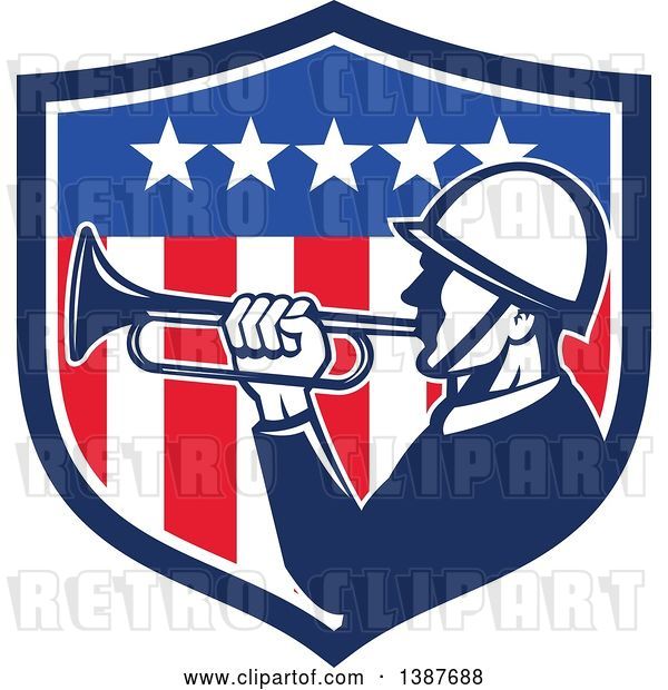 Vector Clip Art of Retro Bugler Soldier in an American Flag Shield