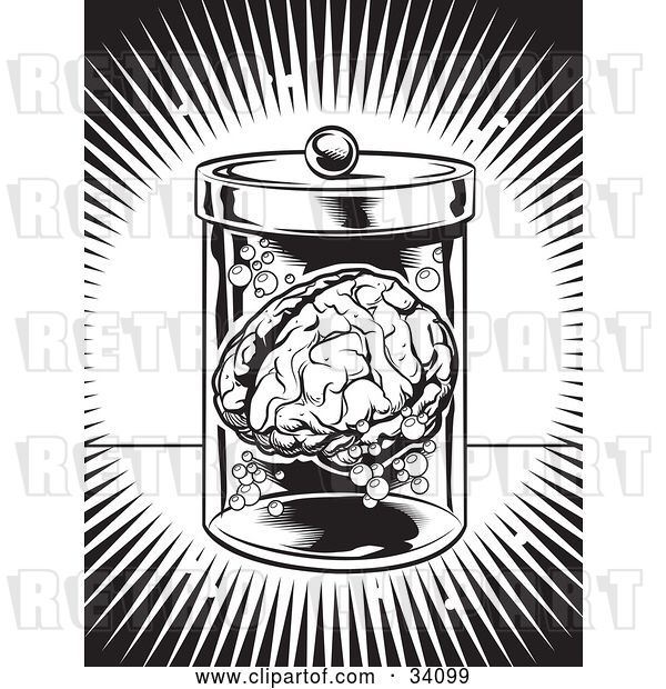 Vector Clip Art of Retro Burst of Bright Light Around a Human Brain Floating in a Jar in a Science Lab