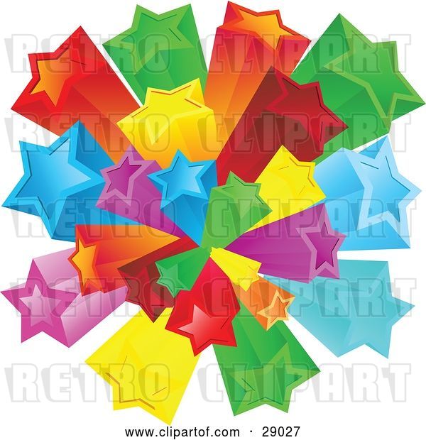 Vector Clip Art of Retro Burst of Rainbow Colored Red, Green, Yellow, Orange, Blue and Purple Stars over a White Background