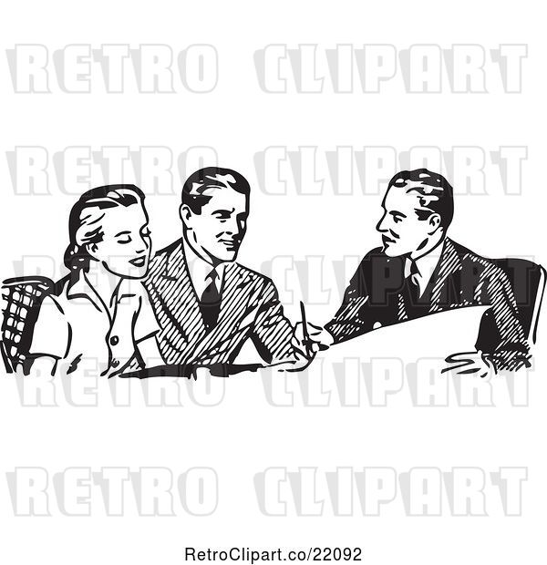 Vector Clip Art of Retro Business Man Discussing Plans with a Couple