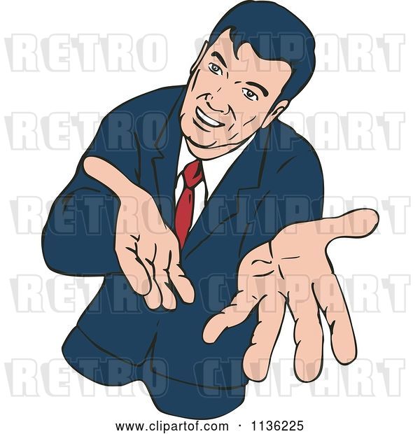 Vector Clip Art of Retro Business Man Extending His Hands Outwards
