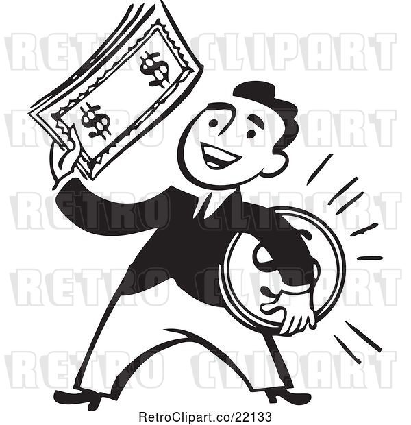 Vector Clip Art of Retro Business Man Holding a Coin and Cash