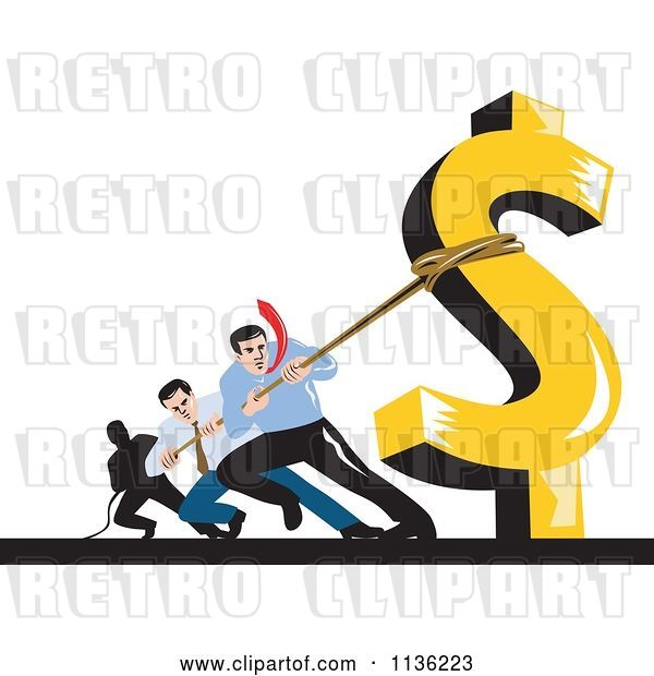 Vector Clip Art of Retro Business Man Pulling Against a Dollar Symbol