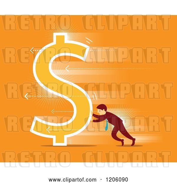 Vector Clip Art of Retro Business Man Pushing a Dollar Symbol over Orange