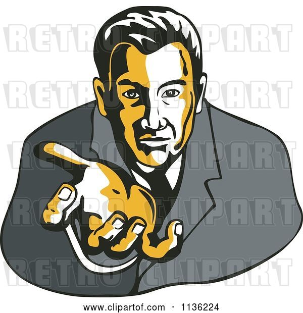 Vector Clip Art of Retro Business Man Reaching His Hand Outwards