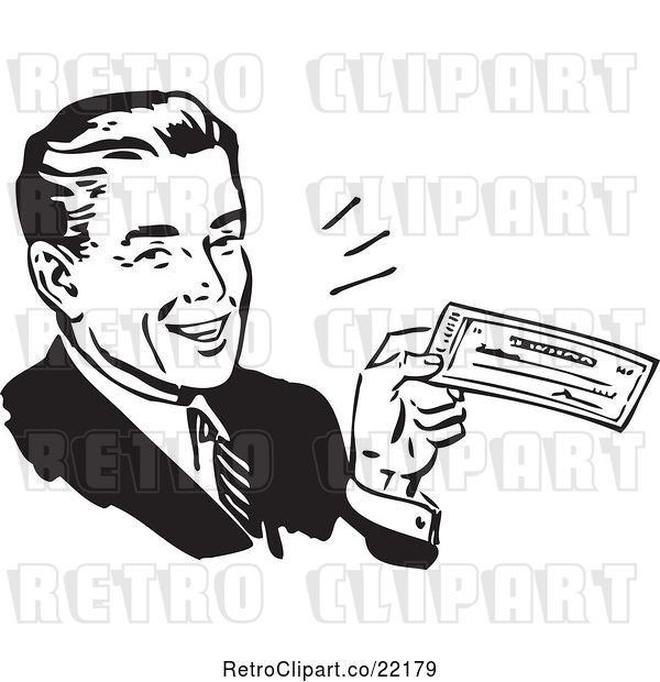 Vector Clip Art of Retro Business Man Smiling and Holding a Check